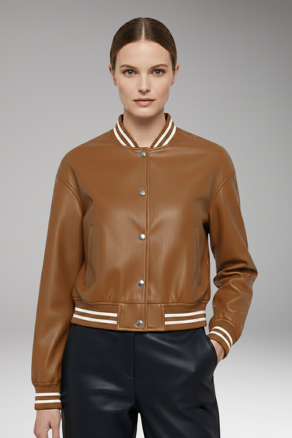Women's Cropped Bomber Jacket Snap Button Ribbed Cuffs