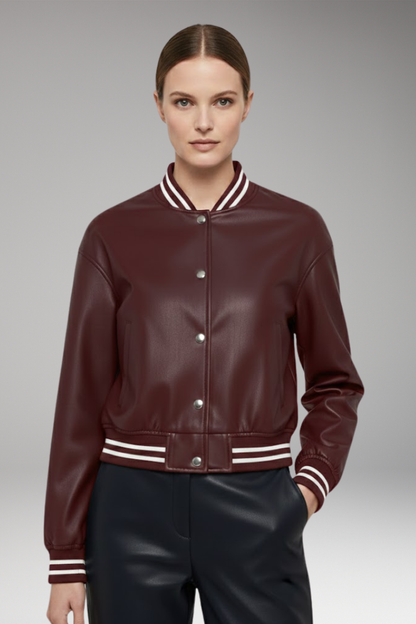 Women's Cropped Bomber Jacket Snap Button Ribbed Cuffs