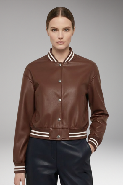 Women's Cropped Bomber Jacket Snap Button Ribbed Cuffs