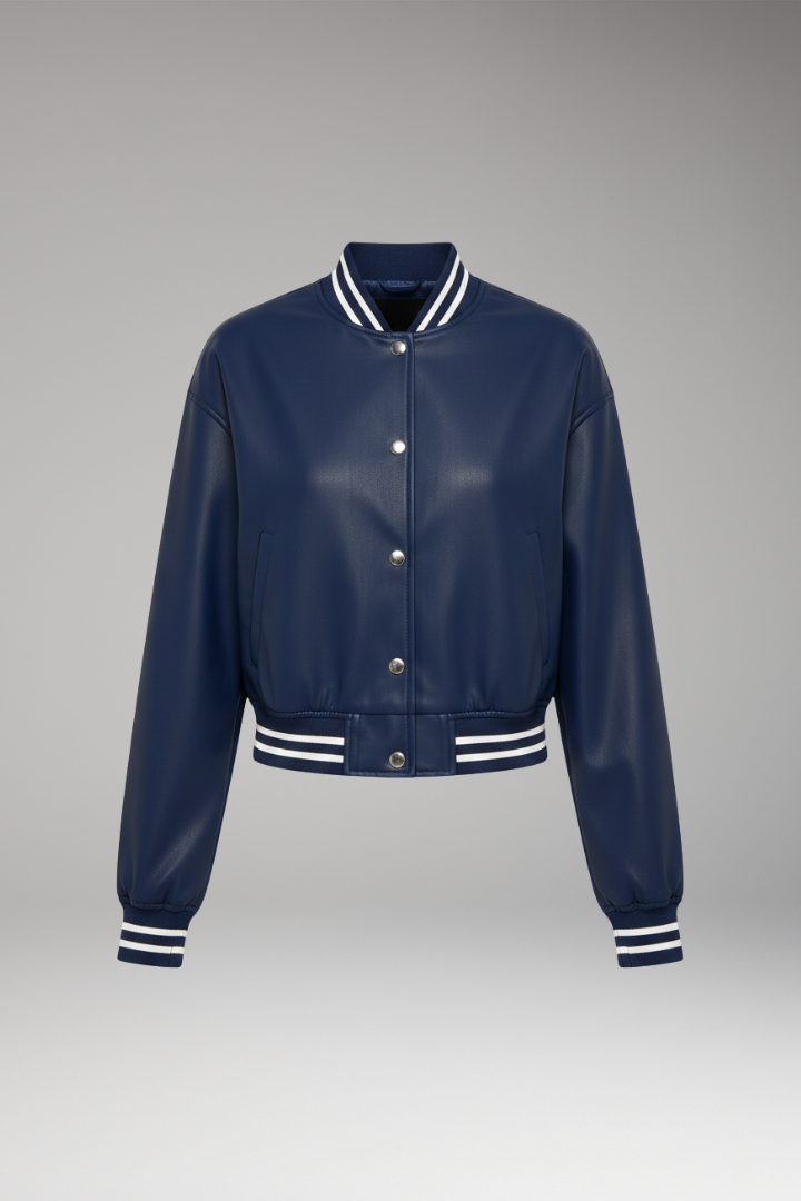 Women's Cropped Bomber Jacket Snap Button Ribbed Cuffs - VibreMode