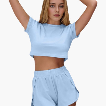 Women's Cropped Lounge Set Two Piece Short Sleeve and Shorts - VibreMode