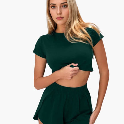 Women's Cropped Lounge Set Two Piece Short Sleeve and Shorts