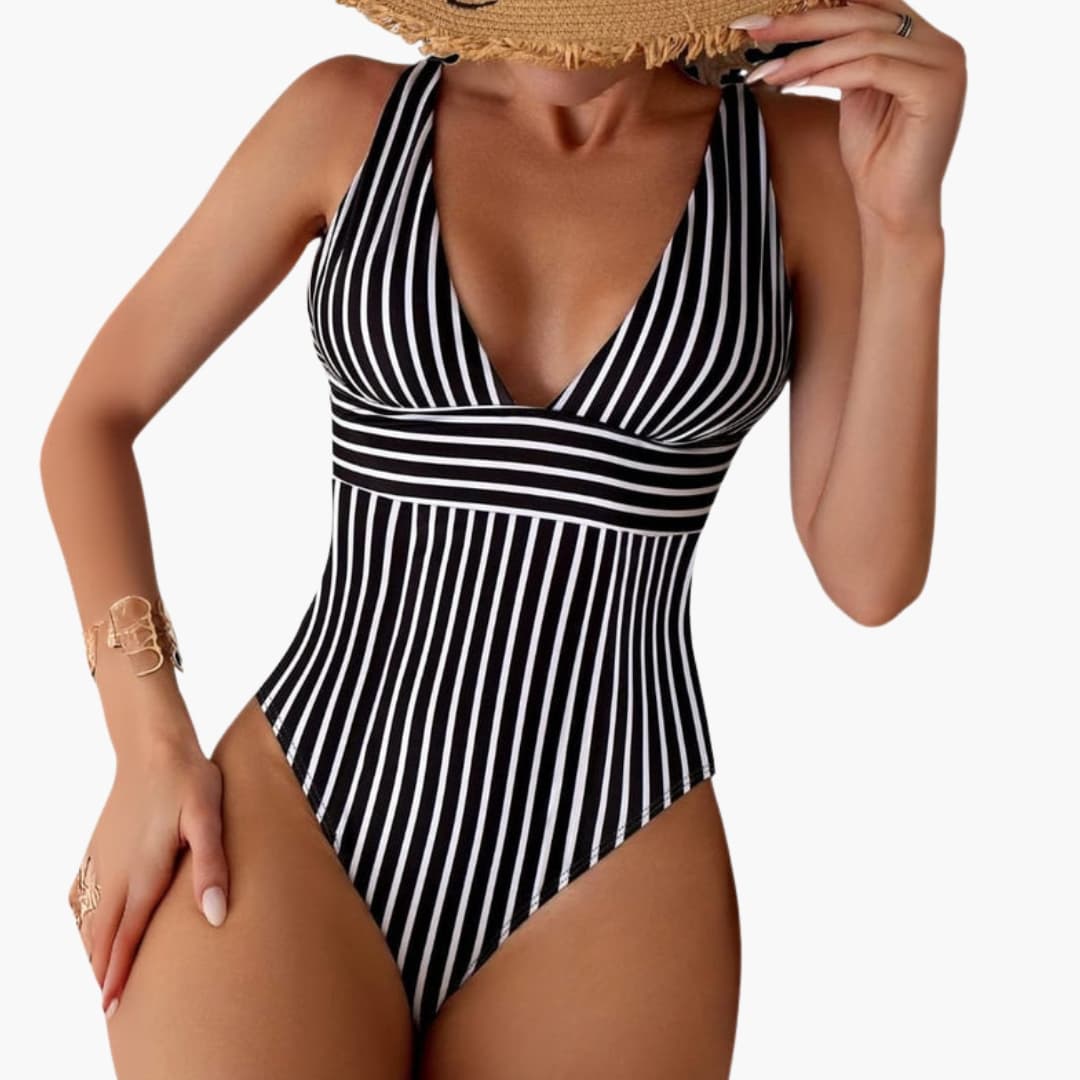 Women's One-Piece Swimsuit Deep V-Neck High Leg Striped - VibreMode