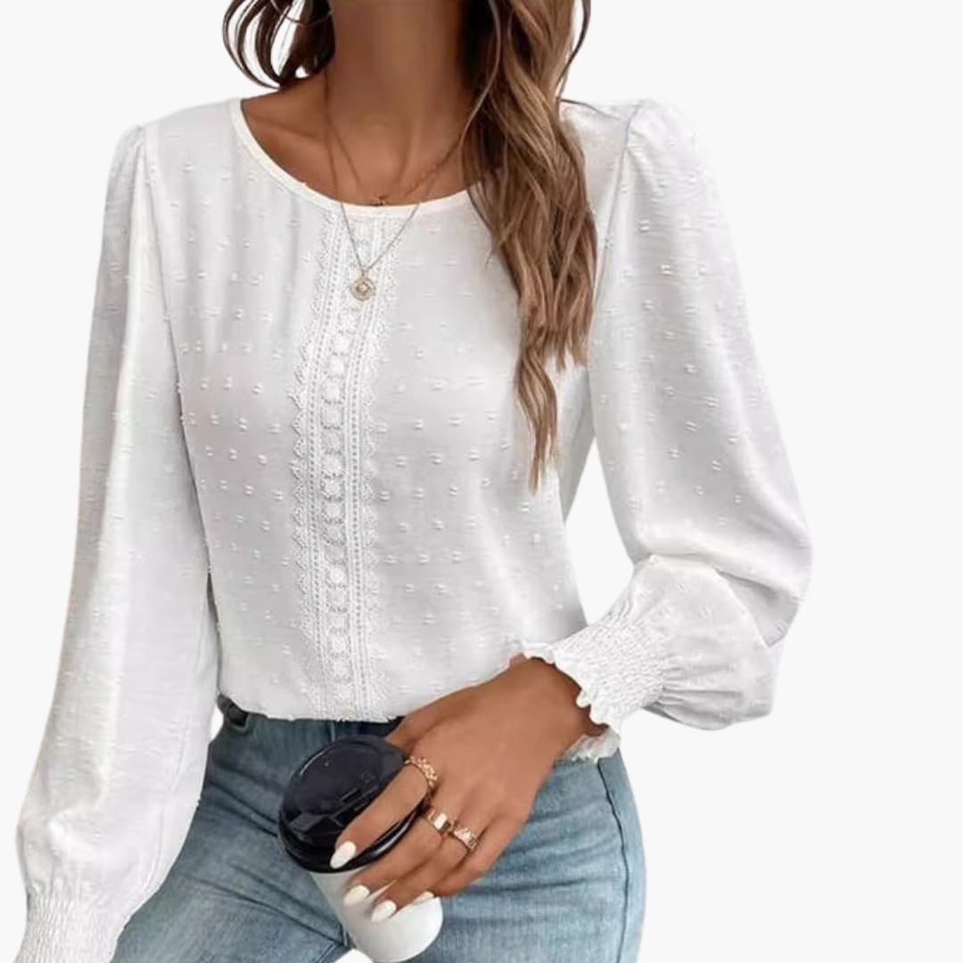 Women's Embroidered Crew Neck Blouse Long Sleeve Woven Loose Fit - VibreMode