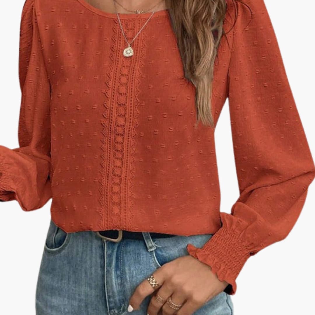 Women's Embroidered Crew Neck Blouse Long Sleeve Woven Loose Fit