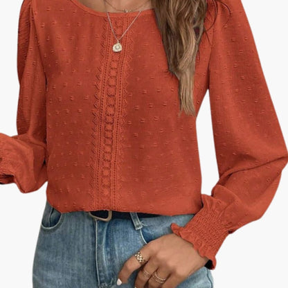 Women's Embroidered Crew Neck Blouse Long Sleeve Woven Loose Fit