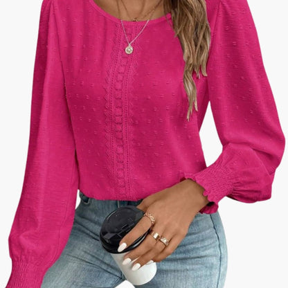 Women's Embroidered Crew Neck Blouse Long Sleeve Woven Loose Fit