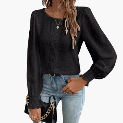 Women's Embroidered Crew Neck Blouse Long Sleeve Woven Loose Fit
