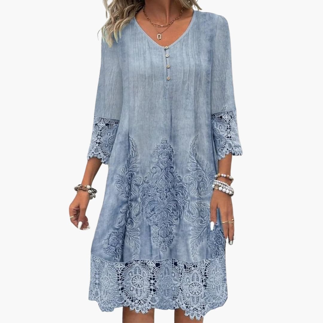 Women's Embroidered Short Sleeve Midi Dress Defined Waist - VibreMode