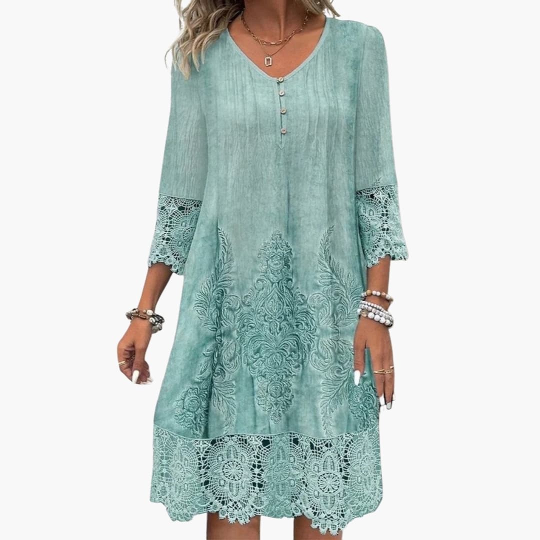 Women's Embroidered Short Sleeve Midi Dress Defined Waist