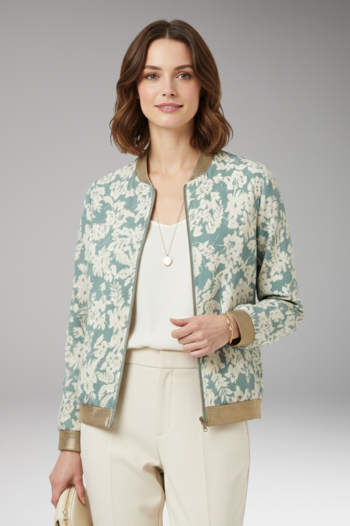 Women's Floral Bomber Jacket Zipper Elastic Black