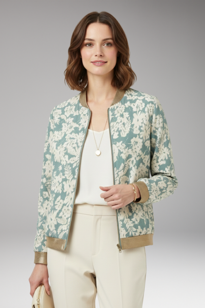 Women's Floral Bomber Jacket Zipper Elastic Black