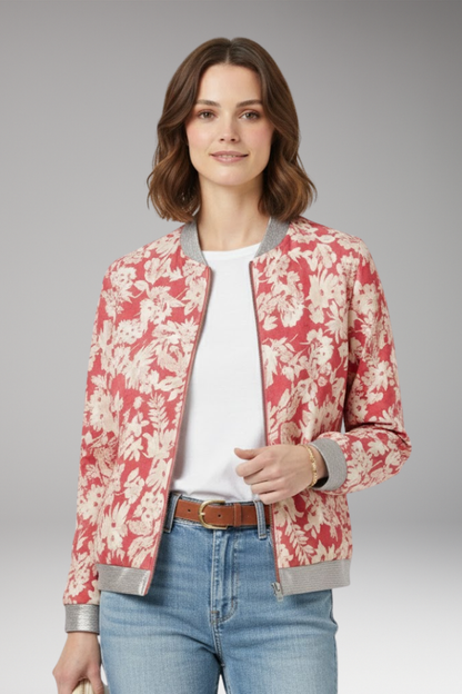 Women's Floral Bomber Jacket Zipper Elastic Black