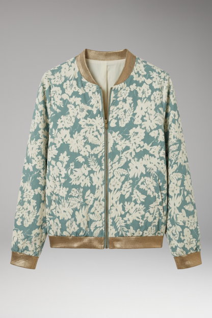 Women's Floral Bomber Jacket Zipper Elastic Black - VibreMode