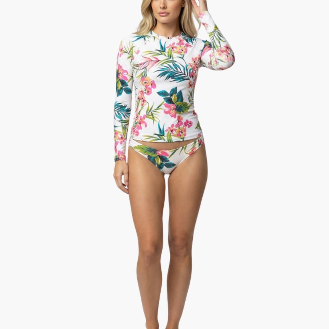 Women's Long Sleeve Rash Guard Swimsuit Floral Front Zip - VibreMode