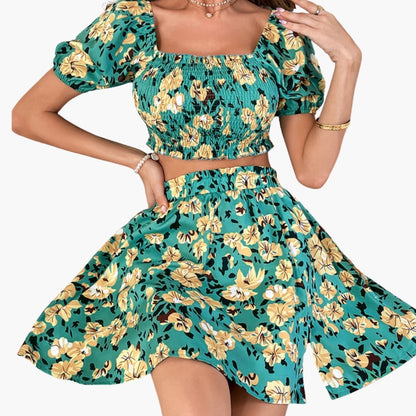 Women's Floral Two-Piece Midi Skirt Set Cotton - VibreMode
