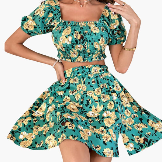 Women's Floral Two-Piece Midi Skirt Set Cotton - VibreMode