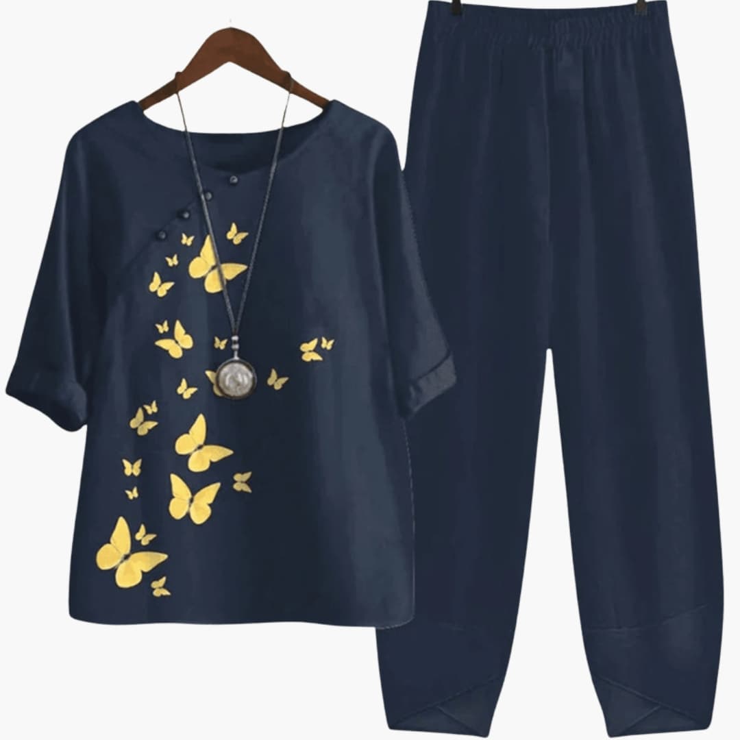 Women's Floral Two Piece Summer Outfit Short Sleeve Straight Leg Pants