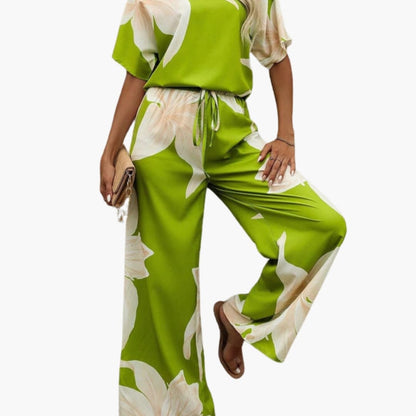 Women's Floral Two-Piece Pants Set V-Neck - VibreMode