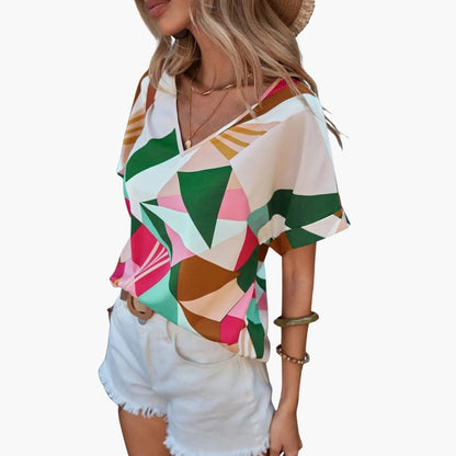 Women's V-Neck Short Sleeve Geometric T-Shirt