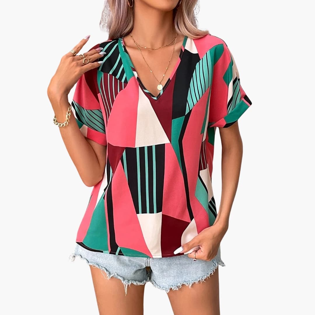 Women's V-Neck Short Sleeve Geometric T-Shirt