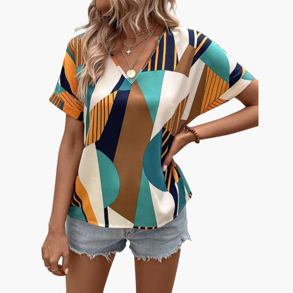 Women's V-Neck Short Sleeve Geometric T-Shirt - VibreMode