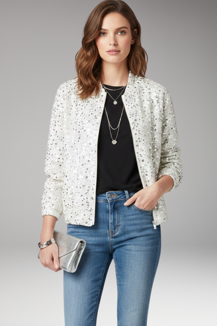 Women's Glitter Bomber Jacket Zipper Stand Collar