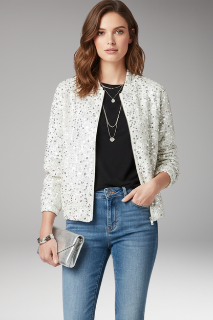 Women's Glitter Bomber Jacket Zipper Stand Collar