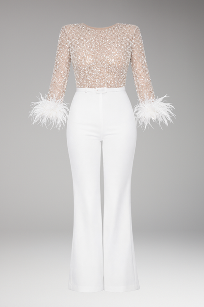 Women's Sequined Jumpsuit Feather Cuffs - VibreMode