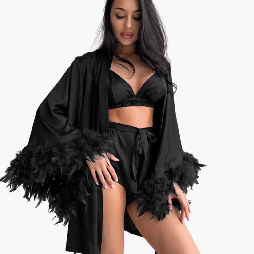 Women's Kimono Open Front Feather Trim - VibreMode