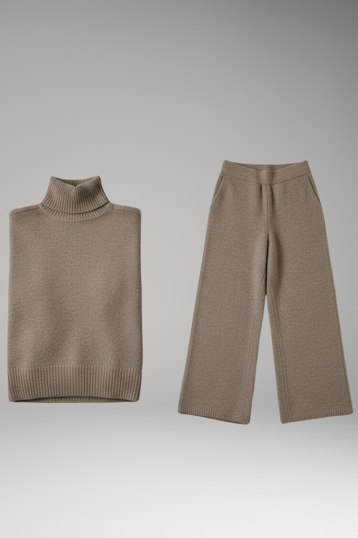 Women's Knit Turtleneck And Wide Leg Pants Set - VibreMode