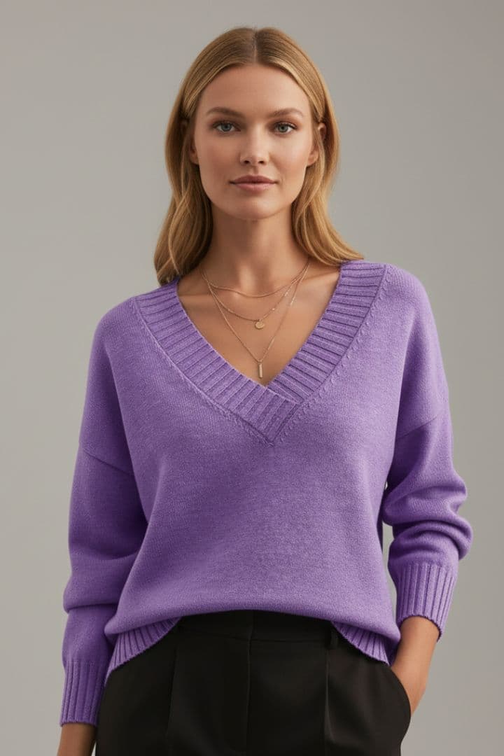 Women's V Neck Sweater Ribbed Cuffs