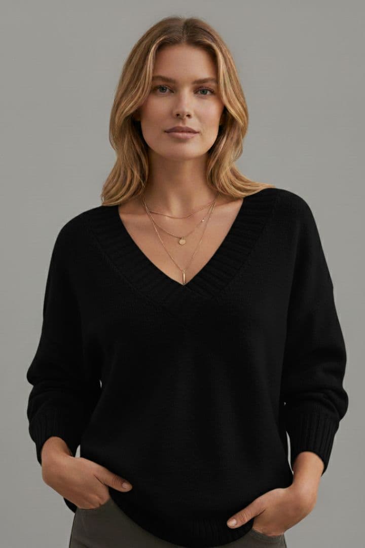 Women's V Neck Sweater Ribbed Cuffs