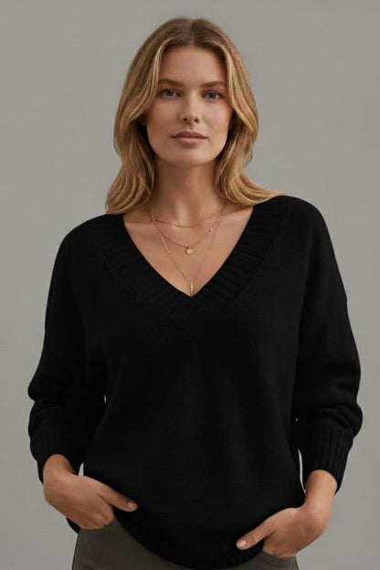 Women's V Neck Sweater Ribbed Cuffs