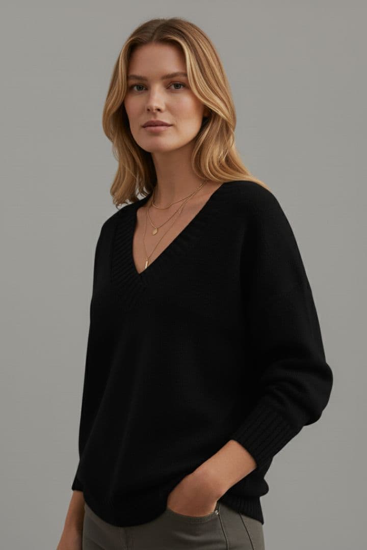 Women's V Neck Sweater Ribbed Cuffs