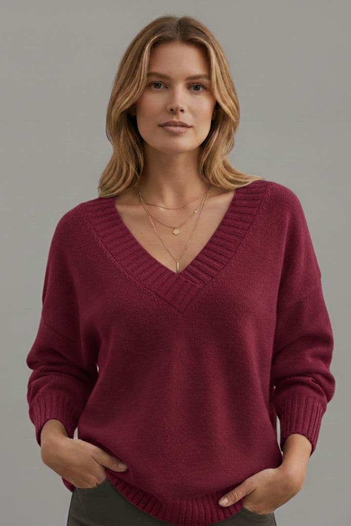 Women's V Neck Sweater Ribbed Cuffs