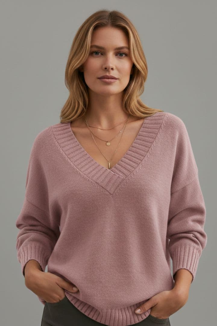Women's V Neck Sweater Ribbed Cuffs