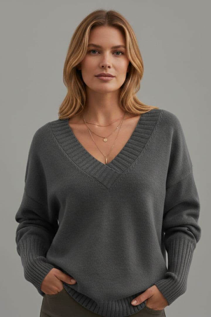 Women's V Neck Sweater Ribbed Cuffs