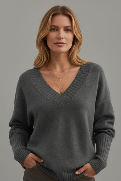Women's V Neck Sweater Ribbed Cuffs