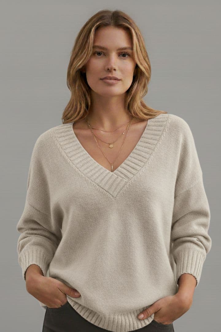 Women's V Neck Sweater Ribbed Cuffs