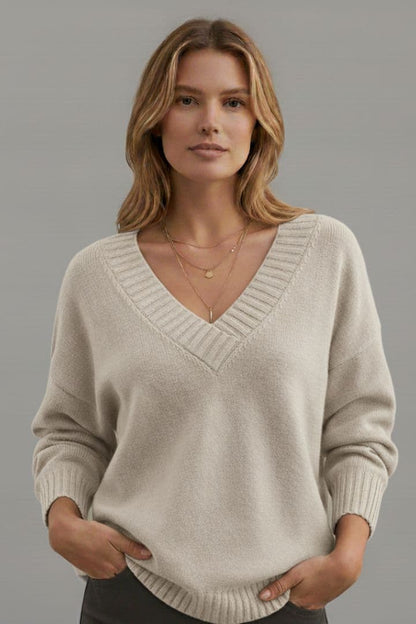 Women's V Neck Sweater Ribbed Cuffs