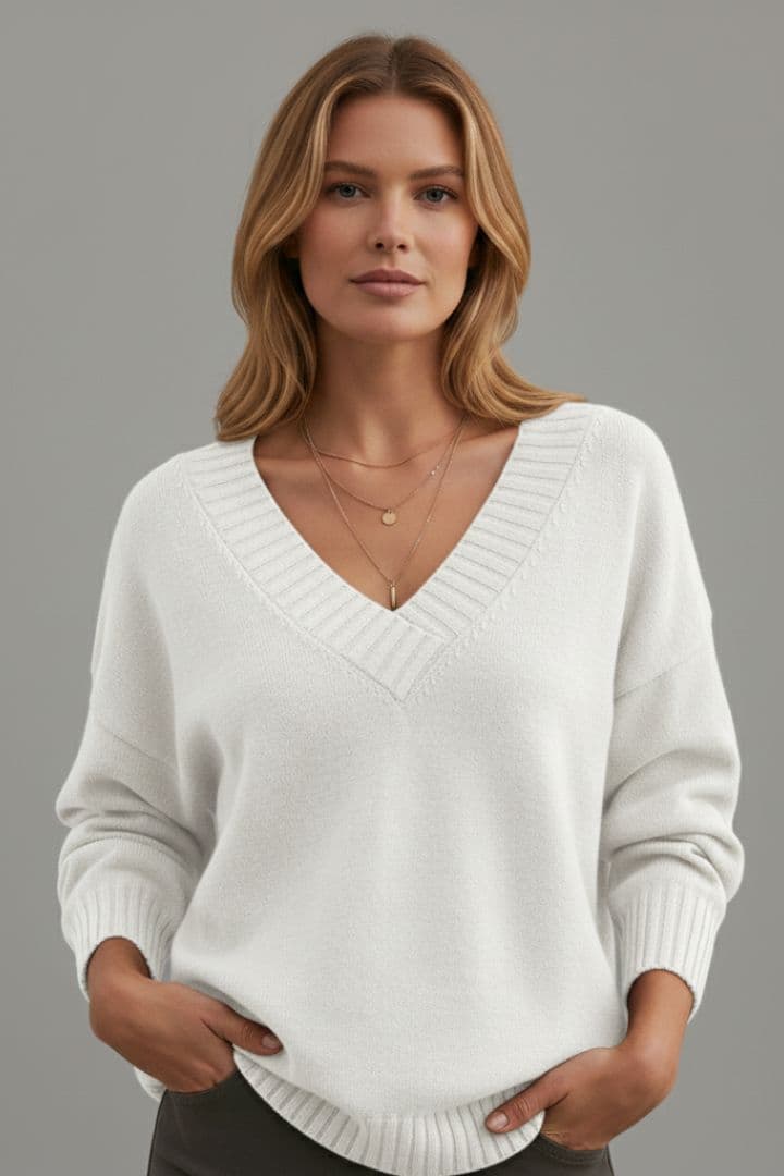 Women's V Neck Sweater Ribbed Cuffs