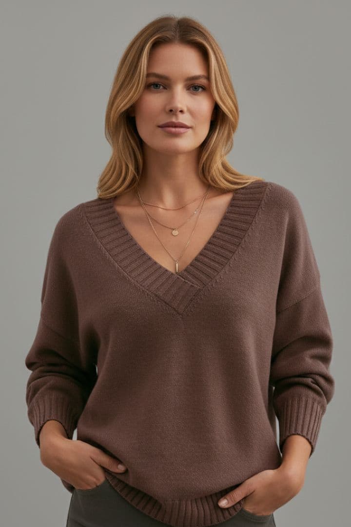 Women's V Neck Sweater Ribbed Cuffs
