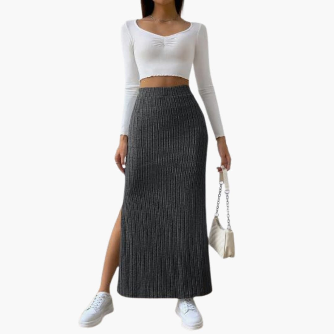 Women's Knitted Midi Skirt Elastic Waistband - VibreMode