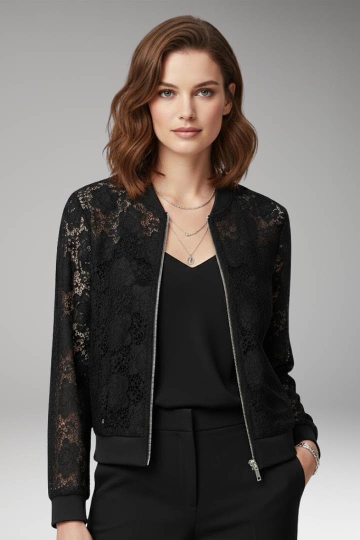 Women's Lace Bomber Jacket Zip Elastic Cuffs