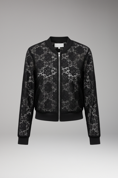 Women's Lace Bomber Jacket Zip Elastic Cuffs - VibreMode