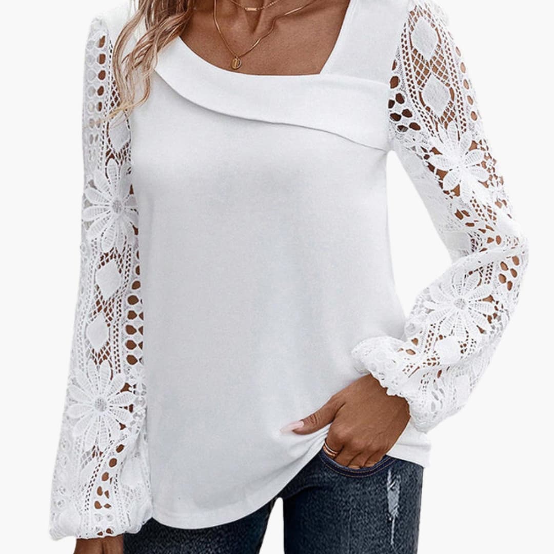 Women's Woven Blouse Lace Trim Long Sleeve White - VibreMode