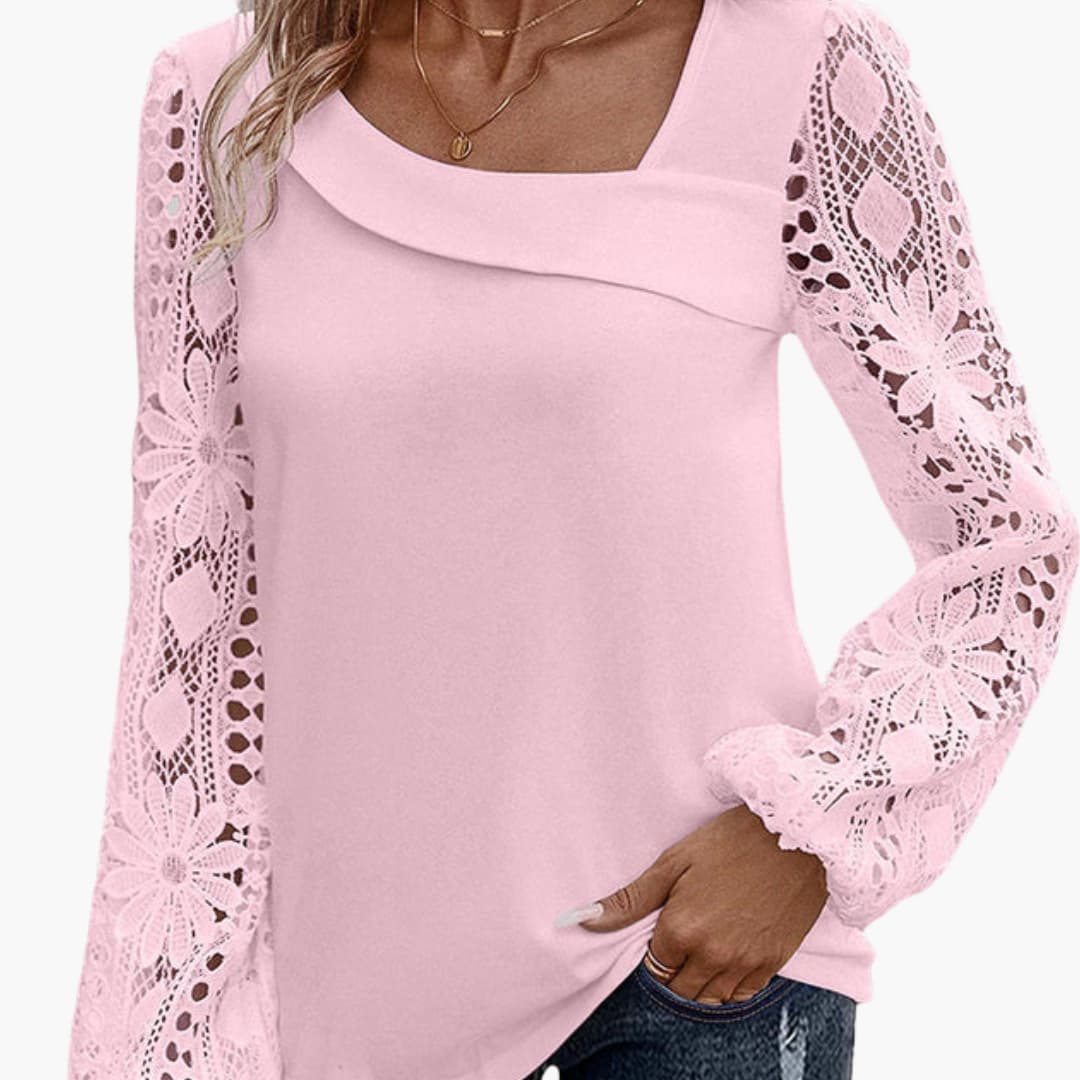 Women's Woven Blouse Lace Trim Long Sleeve White