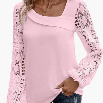 Women's Woven Blouse Lace Trim Long Sleeve White
