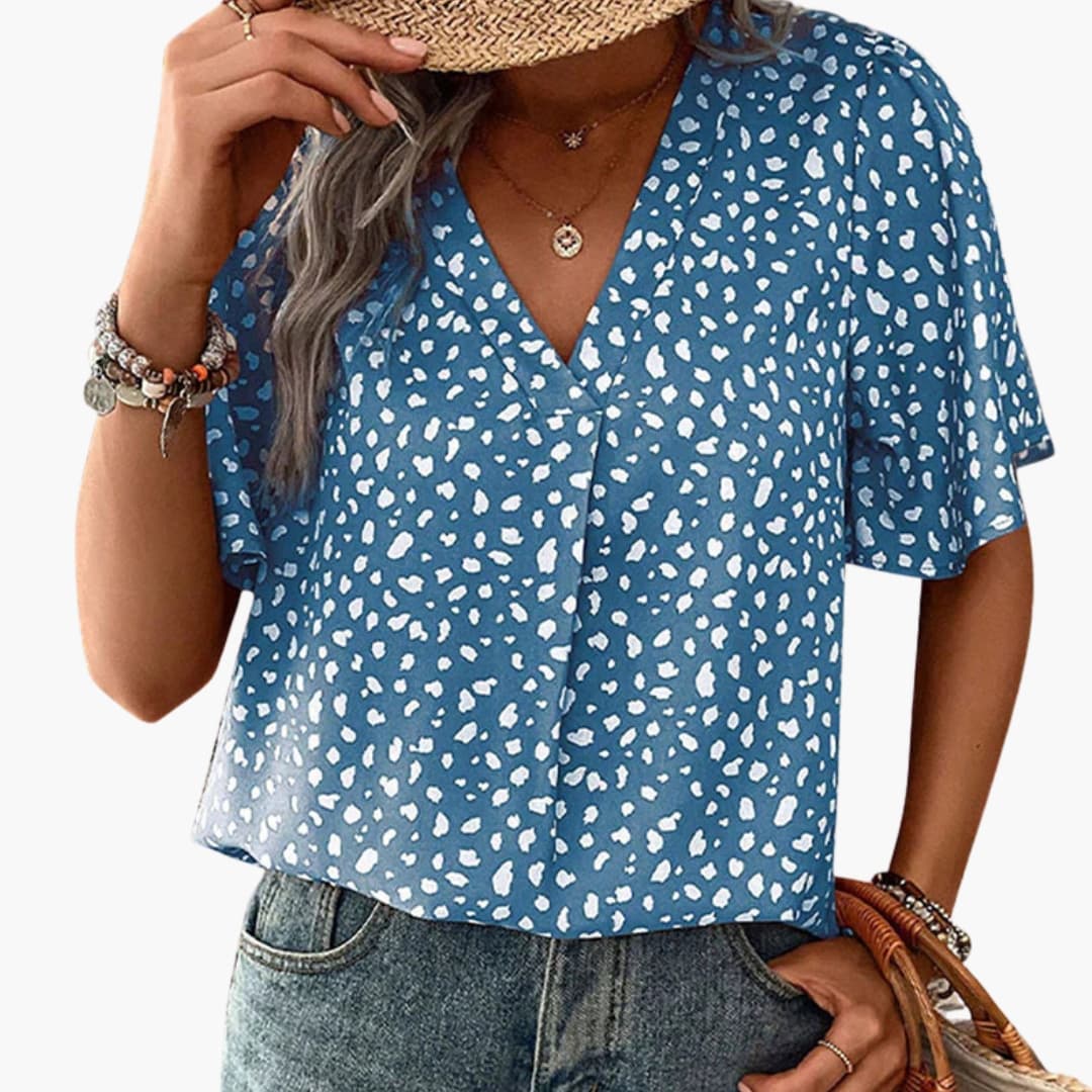 Women's Leopard V-Neck T-Shirt Elbow Sleeves